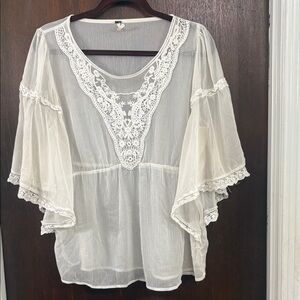 Free People Sheer Cream Crochet Lace V-Neck Blouse